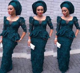 2018 South African Aso Ebi Full Lace Prom Dresses Half Long Sleeve Sheath Floor Length Evening Gowns Sheer Neck Peplum Formal Part4790164