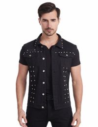 idopy Fi Mens Rivet Denim Vest Punk Party Studded Slim Fit Jean Jacket Male Sleevel Waistcoat For Men Plus Size G9S5#