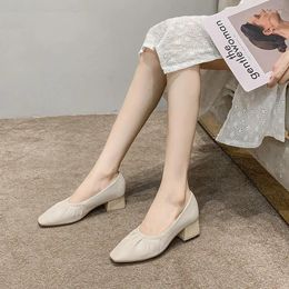 Dress Shoes Spring Summer Square Toe Soft Leather Pumps Women Pleated Elastic Slip On Med-high Heels Chaussure Femme Mary Jane