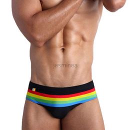 Men's Swimwear Rainbow Striped Swimwear Breifs Men Sexy Swimming Shorts Trunk Water Sport Beach Pants Swimsuit Sexy Male Bathing Suit Surfing 24327