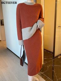 Work Dresses BGTEEVER Elegant Ladies 2 Pieces Knitted Skirt Set Patchwork Sweaters & Elastic Waist Straight Skirts Winter Sweater Women