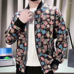 Men's Jackets Top Quality Men Vintage Coloured Flowers Jacket Fashion Slim Casual Zipper Social Coats Streetwear Bomber Print