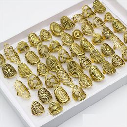 Band Rings 20 Pcs/Lot Vintage Carved Flower Ring Mix Styles Ancient Gold Colour Hollows Wholesale Jewellery Drop Delivery Otczj