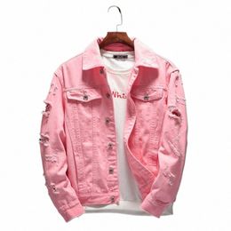 men Pink Denim Jackets Outerwear Jean Coats New Spring Autumn Men Holes Jackets Men Ripped Slim Denim Jackets u74R#