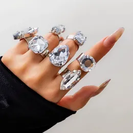 Wedding Rings 7Pcs/Set Silver Color Imitation Crystal Gemstone For Women Girl Shining Water Droplet Metal Geometric Opening Ring