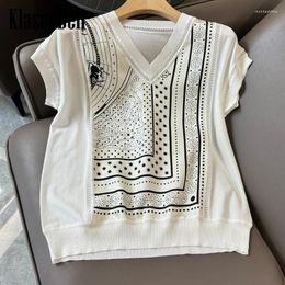 Women's T Shirts 2.27 KlasonBell Women Clothes Star Geometric Silk Print Spliced Hollow Out Knitted V-Neck Fashion Comfortable T-Shirt