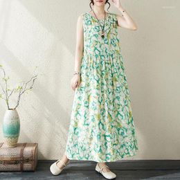 Casual Dresses Draw String Slim Waist Print Floral Vintage Summer Tank Dress For Women Holiday Outdoor Travel Style Beach Long