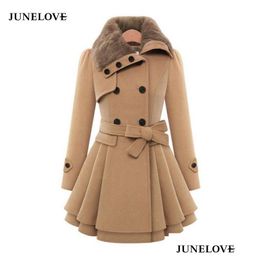 Women'S Wool & Blends Womens Woolen Coat Double Breasted Lapel Long Female Thicken Autumn Winter Slim Belt Pleated Trench Coats Lady F Dh8Hg