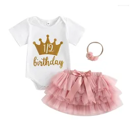 Clothing Sets Infant Baby Girls Birthday Clothes Set Letter Print Short Sleeve Crew Neck Romper Mesh Tutu Skirts Headband 3Pcs