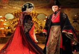 Asian Emperor queen Royal Palace wedding Gown Robe dress Chinese Ancient wedding Hanfu Long Costume Black Red bride groom Outfit1633169