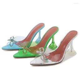 Slippers 2024 Big Red Bow Knot Rhinestone Buckle Wedding Shoes Crystal High Heel Fashion Sandals