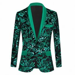 mens Shiny Green Sequins Blazer 2022 Stylsih Shawl Collar One Butt Tuxedo Floral Suit Jacket Party Wedding Groom Costume Homme C9MH#