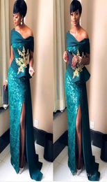 2019 Nignia gorgeous Elegant mermaid Evening Dresses off the shoulder sexy high split sweep train prom dress custom made with gold7073895