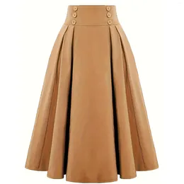 Skirts Summer Autumn Solid Colour Tunic Midi 50s 60s Swing A-Line High Waist Vintage Pin Up Rockabilly Women Skirt