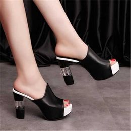 Slippers Slippers Ladies Leather Sole Women Sexy High Heel les Clogs Black Peep Toe Platform Emal Slip on Sandals Shoes H240326I6CY