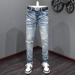 Men's Jeans High Street Fashion Men Retro Blue Elastic Skinny Fit Hole Ripped Painted Designer Hip Hop Brand Pants Hombre