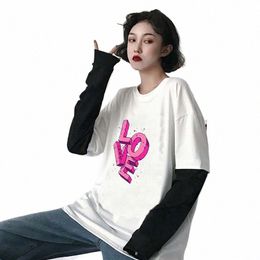 love Aesthetics Harajuku Patchwork Lg Sleeves Tshirts for Women Men Unisex Couple Aesthetics Trendy Popular Printed T-shirts G8jJ#