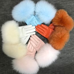 Real Sheepskin Gloves Fox Fur Women's Genuine Leather Glove Winter Warm Fashion Style Natural Fluffy Fox Fur