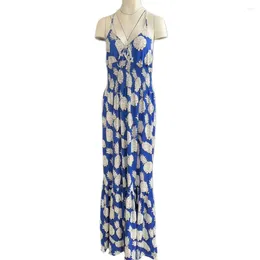 Casual Dresses V-neck Dress Elastic Waist Floral Print Halter Neck Maxi For Women Vacation Beachwear With High