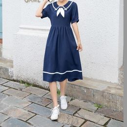 Party Dresses Mori Girl Solid Vestidos Summer Fashion Short Sleeve Women Navy Blue Dress