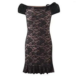 Casual Dresses Women's Off Shoulder Lace Dress Short Sleeve Ruffle Hem Bodycon Mini Clubwear