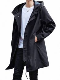 spring Autumn Lg Trench Coat Men Fi Hooded Windbreaker Black Overcoat Casual Jackets b47H#