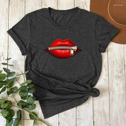 Women's T Shirts Zipper Lip T-shirt Retro Cotton Spring And Summer Fashion Top Tee