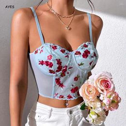 Camisoles & Tanks Blue Floral Printed Sling-Back Top Slim Camisole Midriff-Baring Lace Trim Crop Sleeveless Ripped Cutout Vest Party