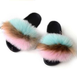 Slippers Slippers Summer womens fur slider fluffy raccoon fox outer flat flip cover rainbow H24032695LX