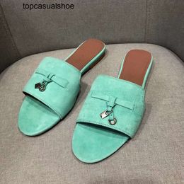 Loro Piano LP LorosPianasl topquality Embellished slippers Summer suede Charms slides Luxe sandals shoes Genuine leather open toe casual flats for women Luxury Des