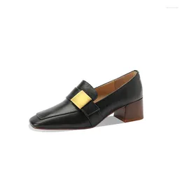 Dress Shoes 2024 Women Pumps Natural Leather 22-25cm Washed Cowhide Pigskin Full Metal Buckle Loafers Square Toe Vintage