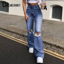 Women's Jeans Women Jean 2024 Summer Style Korean Edition High Waist Fashion Stretch Knee Ripped Denim Flared Pants Casual Female Trousers