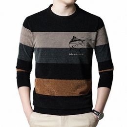 autumn Winter New Men's Stripe Print Straight Sleeve Lg Sleeve Polo Butt Round Neck T-Shirt Busin Casual Fi Tops R1XP#