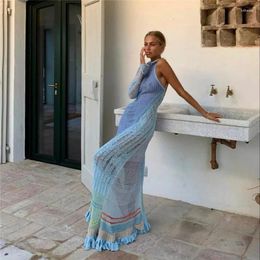 Casual Dresses 2024 Women Long Knit Dress Contrast Color Hollow-Out See-Through One Shoulder Sleeve Beach Bikini Cover-Ups