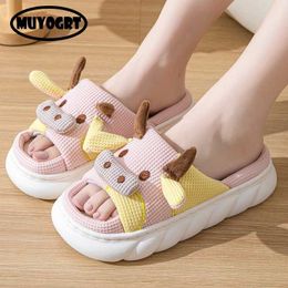 Slippers Slippers ot Sale Women Milk Cow Linen Four Seasons Men Indoor Sandals Adults Cartoon Slides Couples Cute Breatable ome Soes H240327