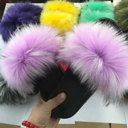 Slippers Slippers 23 Colour Fasion womens fur slippers Womens Soes Plus fox air fluffy sandals Winter warm H240326QFP4