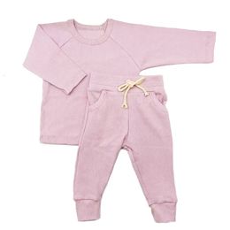 Autumn Infant Pink Colour Girls Long Sleeve Oneck Ribbed Cotton Children Pyjamas Clothes 240325