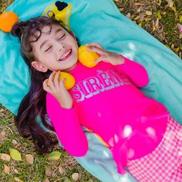 Maiôs infantis proteção solar secagem rápida meninas calças de manga comprida roupa de banho estilo retrô xadrez estampa 240326