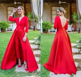 2019 Sexy Red Jumpsuits Prom Dresses 34 Long Sleeves V Neck Formal Evening Party Gowns Cheap Special Occasion Pants9464703