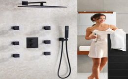 Matte Frosted Blackened Bathroom Shower Faucet Set Contemporary 12 Inch Rain Shower Head Thermostatic Shower Mixer Valve8384950