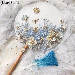 Wedding Flowers JaneVini 2024 Luxury Blue Chinese Bridal Fan Lace Handmade Pearls Gradient Tassel Traditional Bride Bouquets