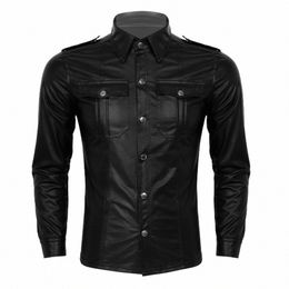 men's Leather Shirts Fi PU Leather T-shirt Lg Sleeve L0mU#