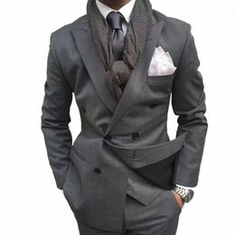 elegant Grey Men Suits Fi Peak Lapel Double Breasted Groom Wedding Tuxedo Smart Causal Formal Male Suit Slim Jacket+Pants e4xe#