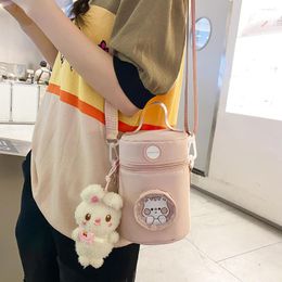 Evening Bags Canvas Water Cup Bag Cartoon Animal Pattern Cylinder Cute Doll Bucket PU Leather Letter Printed Cross Body Phone