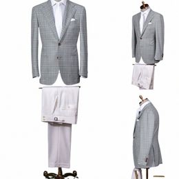 Grey Men's Suits Tailored 2 Pieces Blazer White Pants Peaked Lapel Single Breasted Plaid Wedding Slim Fit Custom Made Plus Size 88GF#