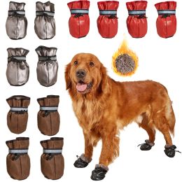 Shoes 4pcs/set Winter Fleece Thick Warm Pet Shoes For Large Dog Reflective Waterproof Dog Rain Snow Boots Adjustable Labrador Footwear
