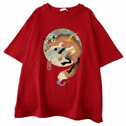fire Carto Fox Japanese Printed Men Short Sleeve Harajuku Casual Cott Tee Clothing Oversize All-math Mans Cott T-Shirts G9lg#