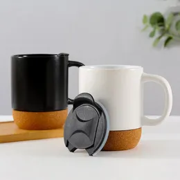 Mugs 350ML Matte Black Coffee Mug With Grip Handle Cork Bottom Detachable Milk Lid Heat-Resistant Ceramic Tea Water Cup