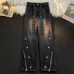 Men's Jeans American Hiphop Loose Zipper Design Slit Men Korean Style High Street Handsome Teenagers Fashion Straight Trousers Chic