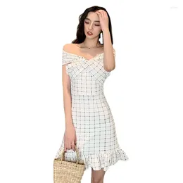 Party Dresses White Plaid Sexy Harajuku Casual Tunics Mini With One Shoulder 2024 Summer Dress Square Collar And Pleated Skirt